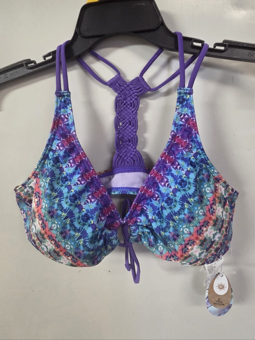 Prana Women's Purple Multicolor Floral Lace-Back Bikini Top